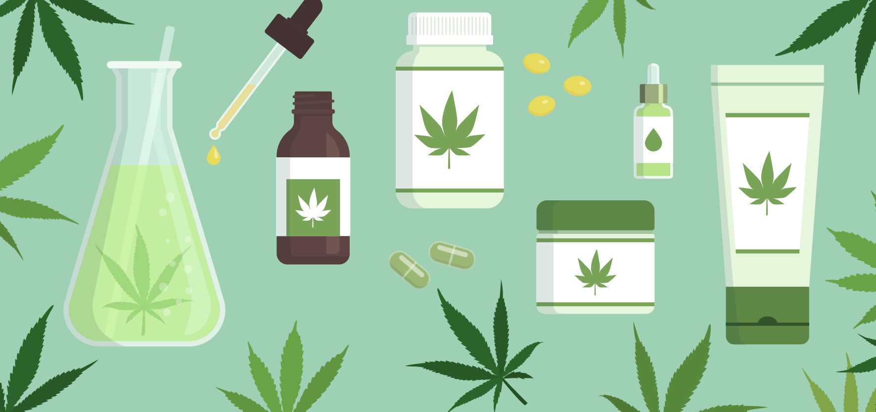 An illustration of a variety of cannabis leaves and products